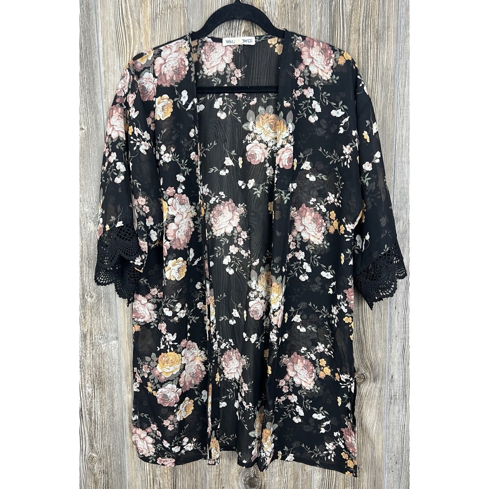 Wall Flower Cardigan Open Front Floral Kimono SMALL Black 3/4 Sleeve Semi-Sheer